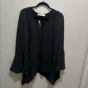 Black V-Neck Flow Top with Flared Sleeves